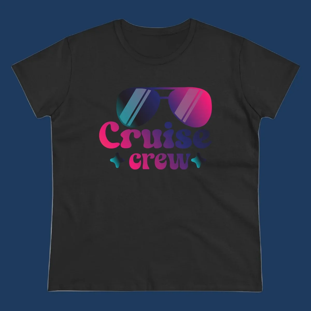 Cruise crew vibes design with gradient sunglasses, bold colorful lettering, and decorative stars in pink, purple, and navy tones