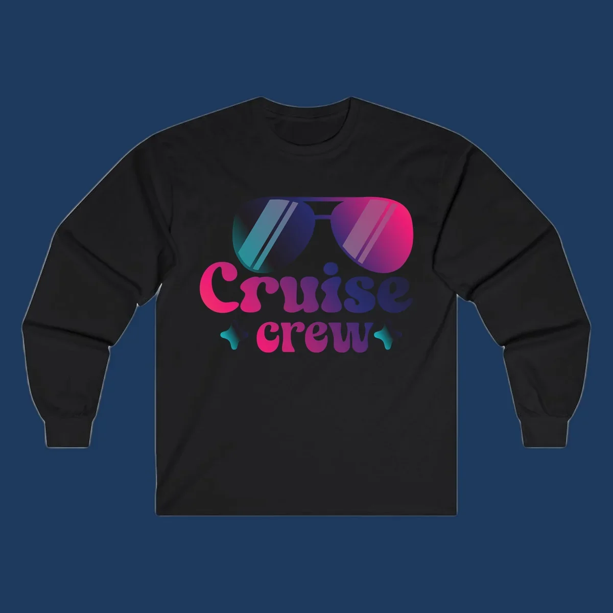 Cruise crew vibes design with gradient sunglasses, bold colorful lettering, and decorative stars in pink, purple, and navy tones