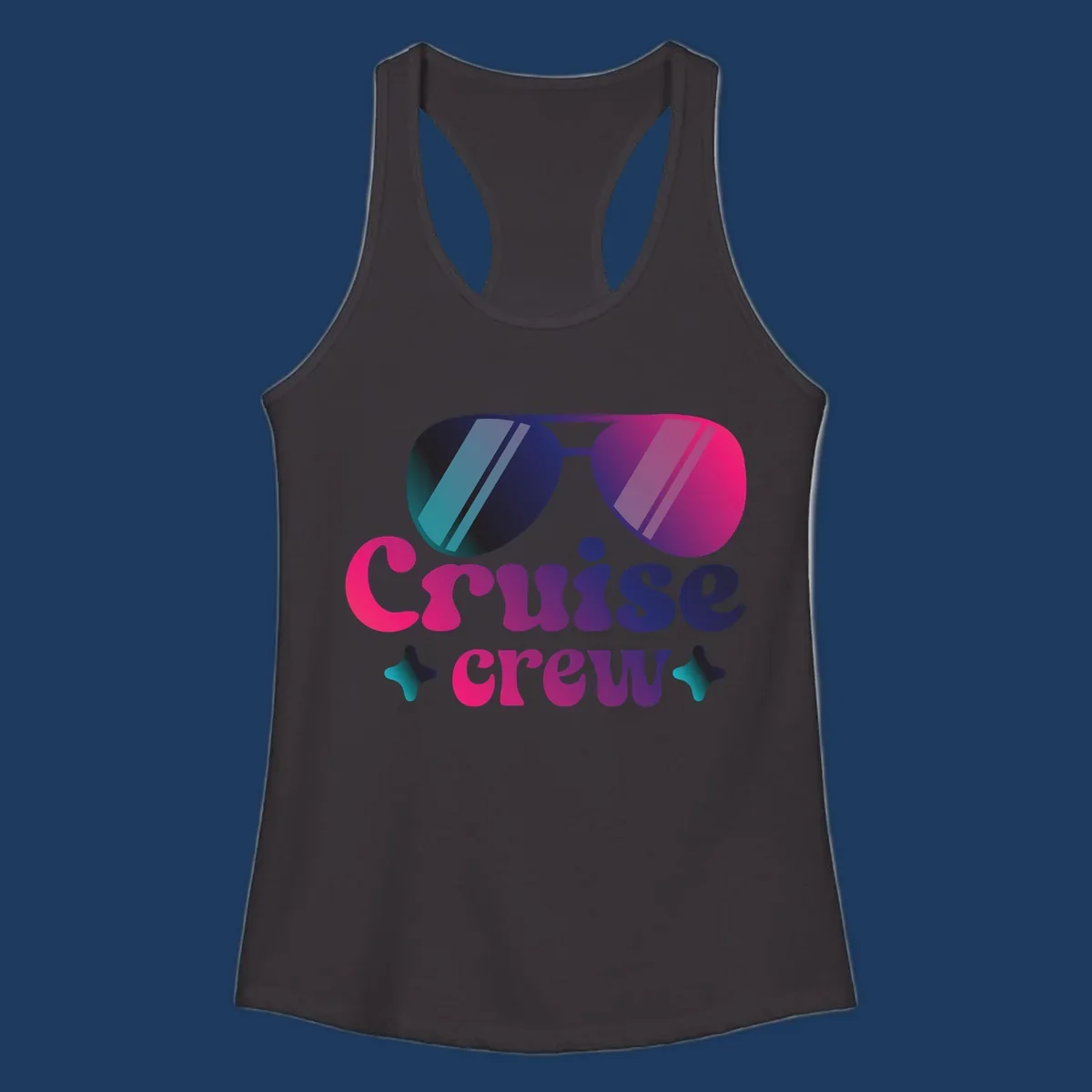 Cruise crew vibes design with gradient sunglasses, bold colorful lettering, and decorative stars in pink, purple, and navy tones