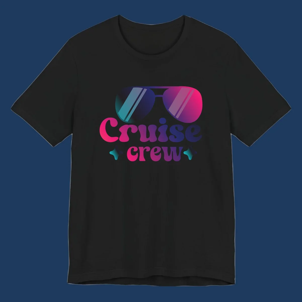 Cruise crew vibes design with gradient sunglasses, bold colorful lettering, and decorative stars in pink, purple, and navy tones