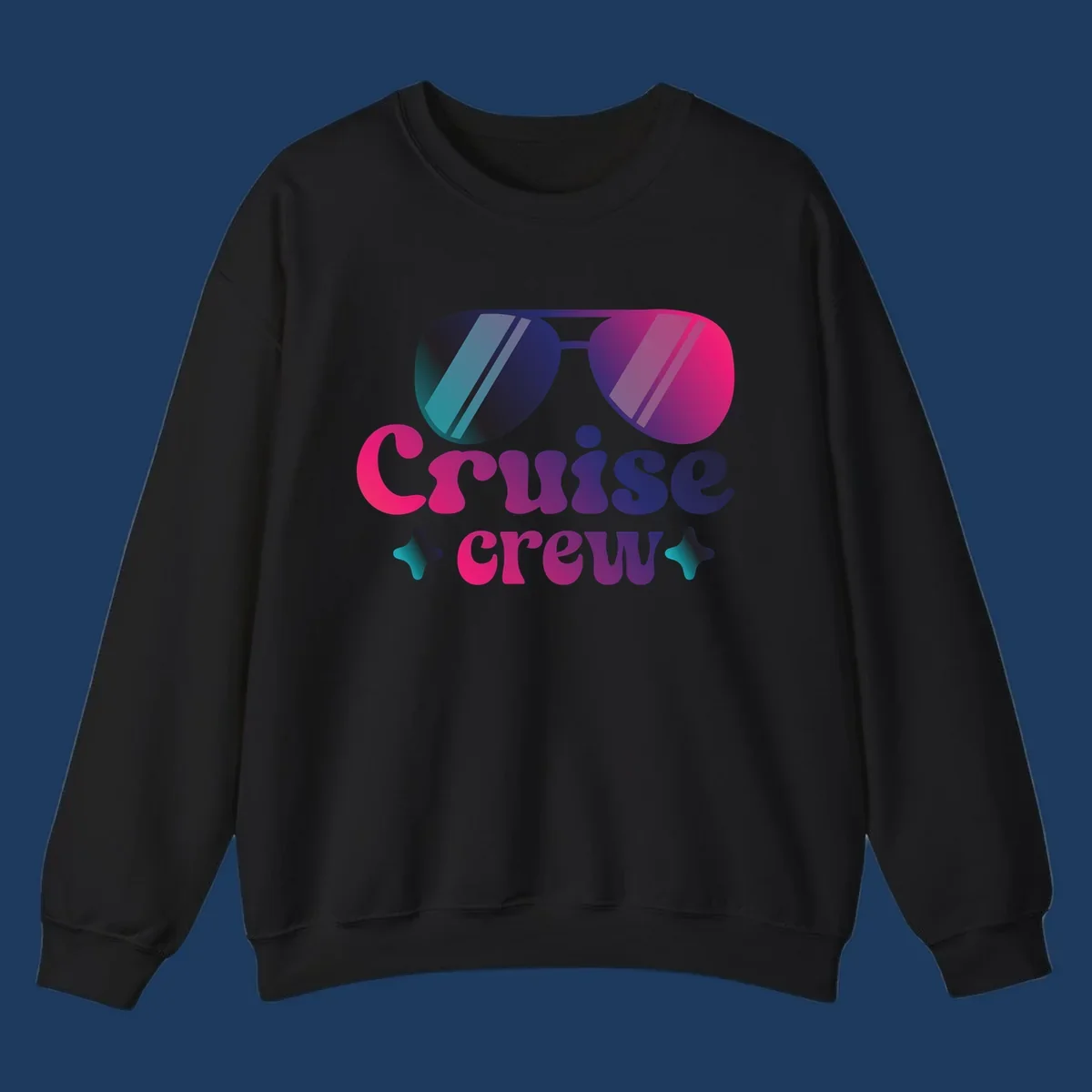 Cruise crew vibes design with gradient sunglasses, bold colorful lettering, and decorative stars in pink, purple, and navy tones