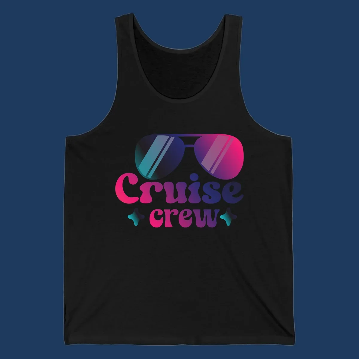 Cruise crew vibes design with gradient sunglasses, bold colorful lettering, and decorative stars in pink, purple, and navy tones