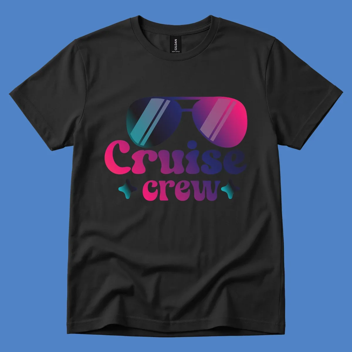 Cruise crew vibes design with gradient sunglasses, bold colorful lettering, and decorative stars in pink, purple, and navy tones