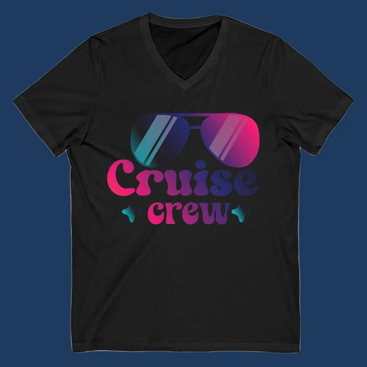 Cruise crew vibes design with gradient sunglasses, bold colorful lettering, and decorative stars in pink, purple, and navy tones