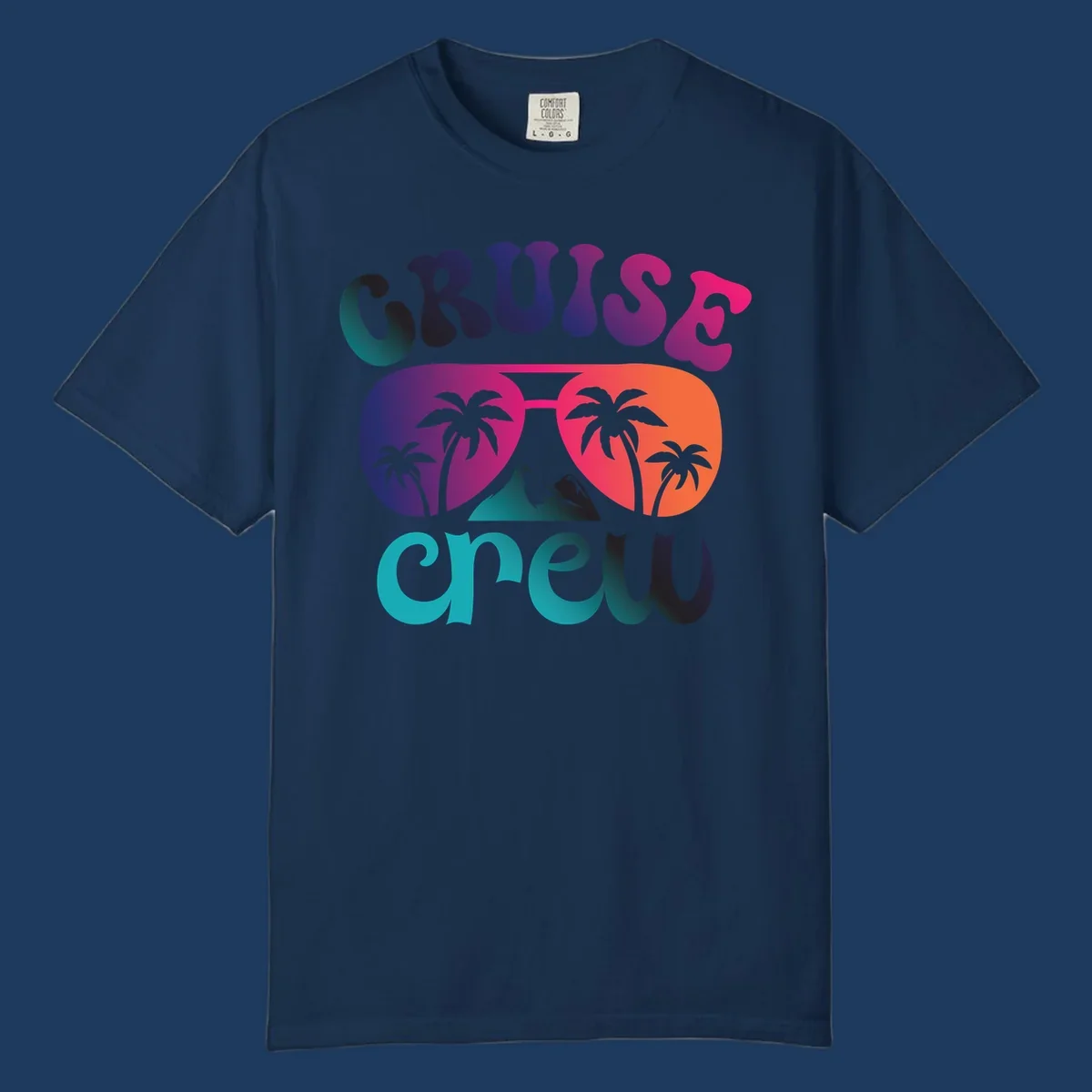 Cruise crew tropical design with colorful gradient lettering, palm trees, and mountain peak artwork