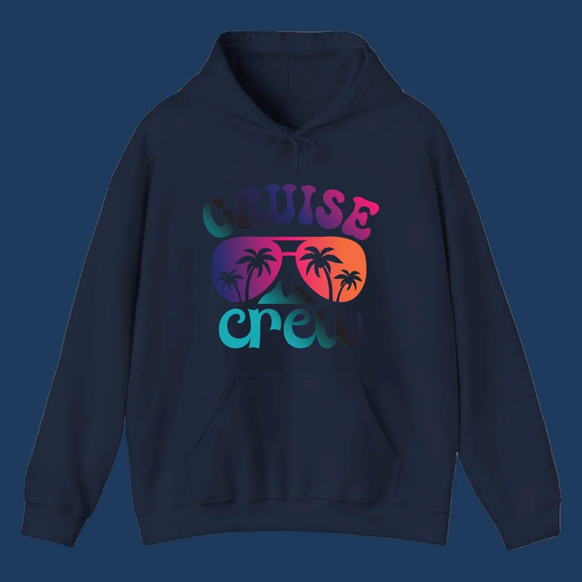 Cruise crew tropical design with colorful gradient lettering, palm trees, and mountain peak artwork