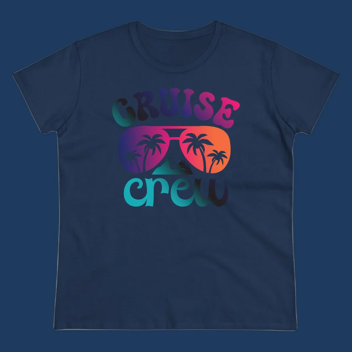 Cruise crew tropical design with colorful gradient lettering, palm trees, and mountain peak artwork