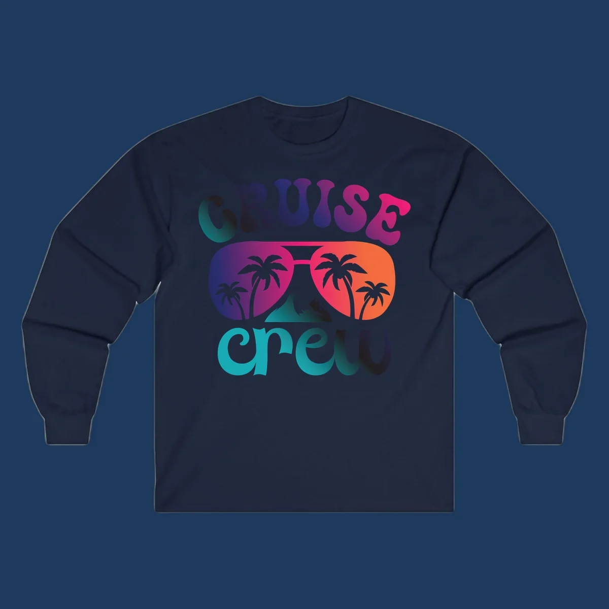 Cruise crew tropical design with colorful gradient lettering, palm trees, and mountain peak artwork