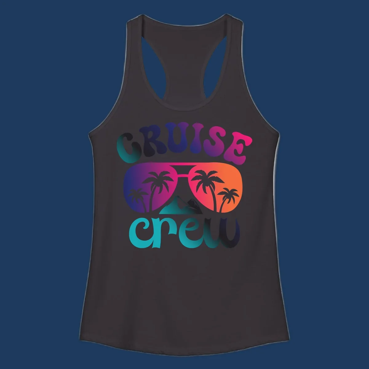 Cruise crew tropical design with colorful gradient lettering, palm trees, and mountain peak artwork