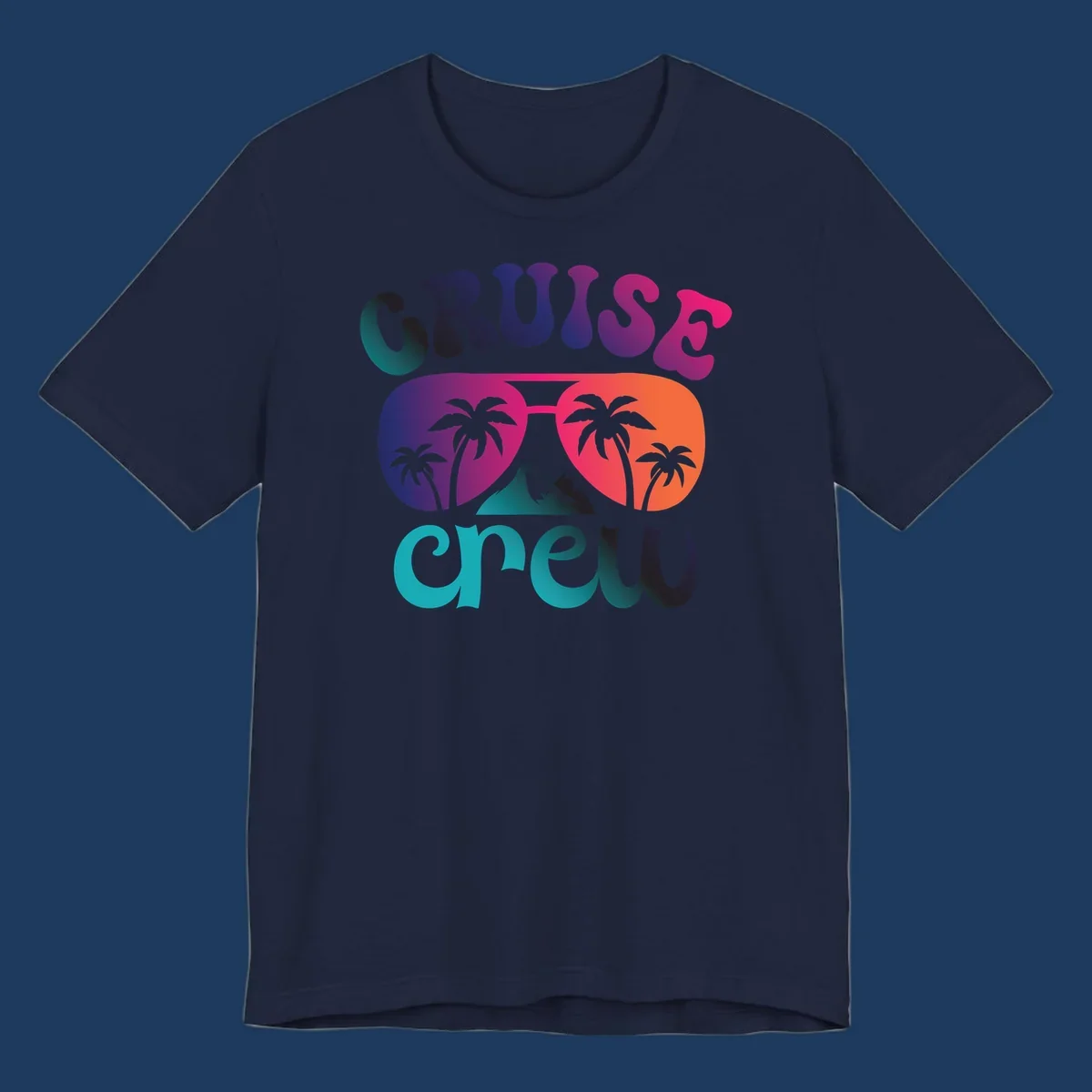 Cruise crew tropical design with colorful gradient lettering, palm trees, and mountain peak artwork