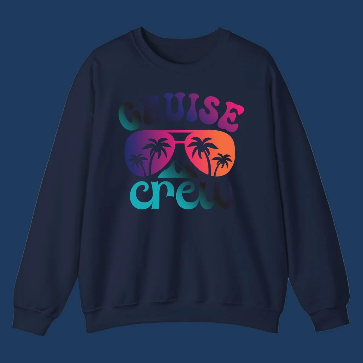 Cruise crew tropical design with colorful gradient lettering, palm trees, and mountain peak artwork