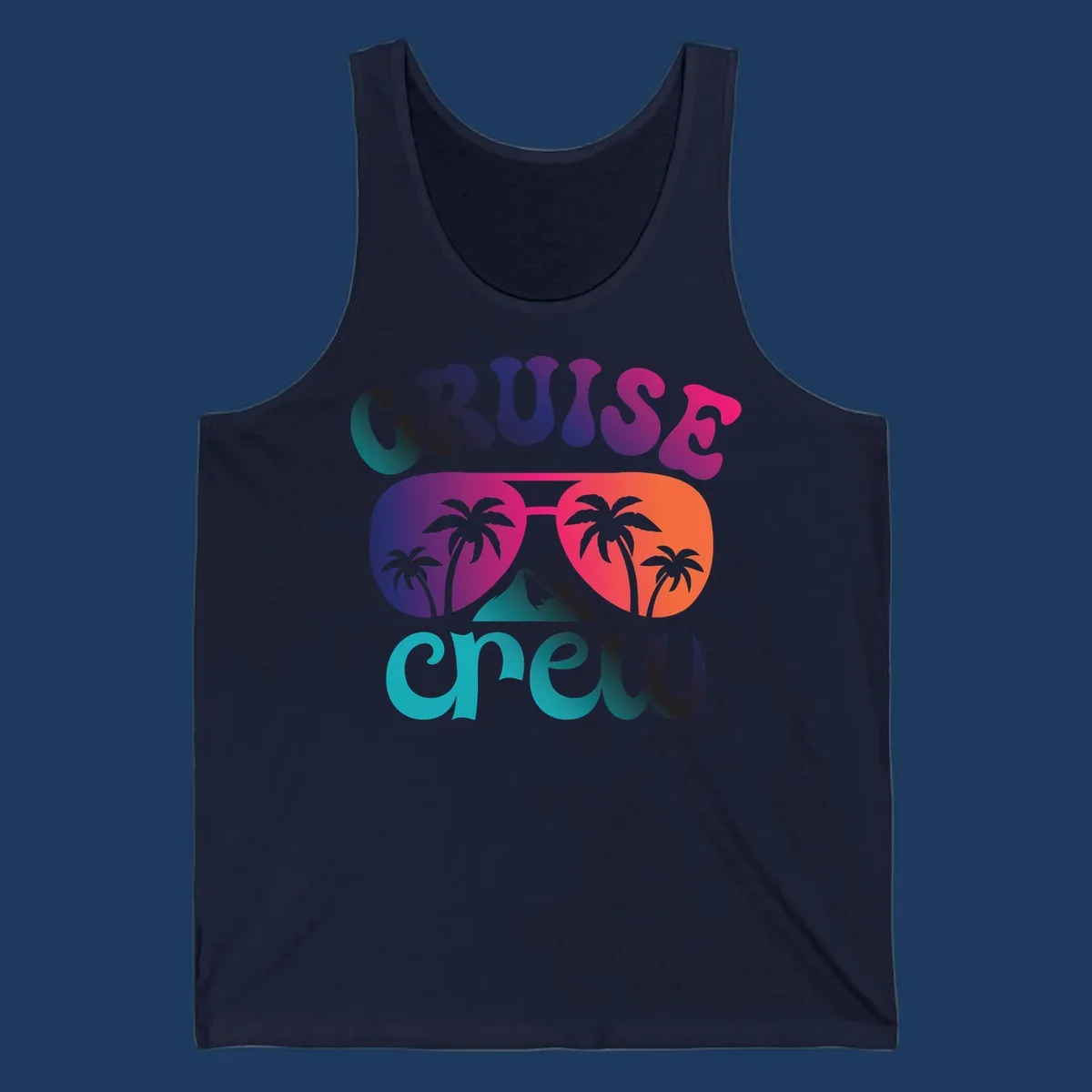 Cruise crew tropical design with colorful gradient lettering, palm trees, and mountain peak artwork
