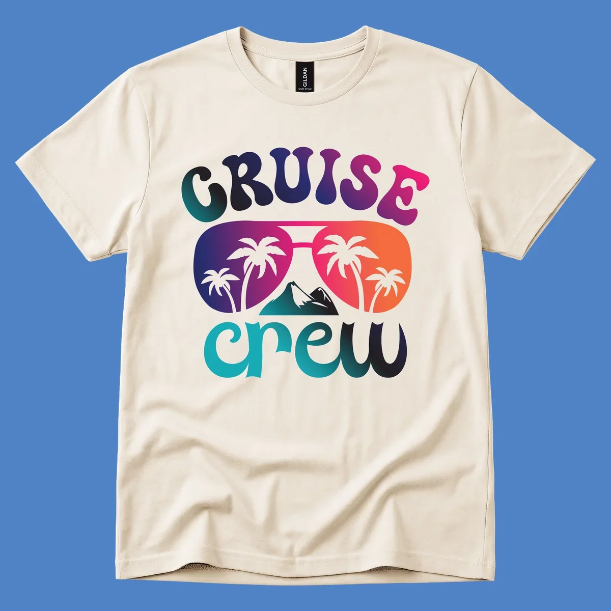 Cruise crew tropical design with colorful gradient lettering, palm trees, and mountain peak artwork