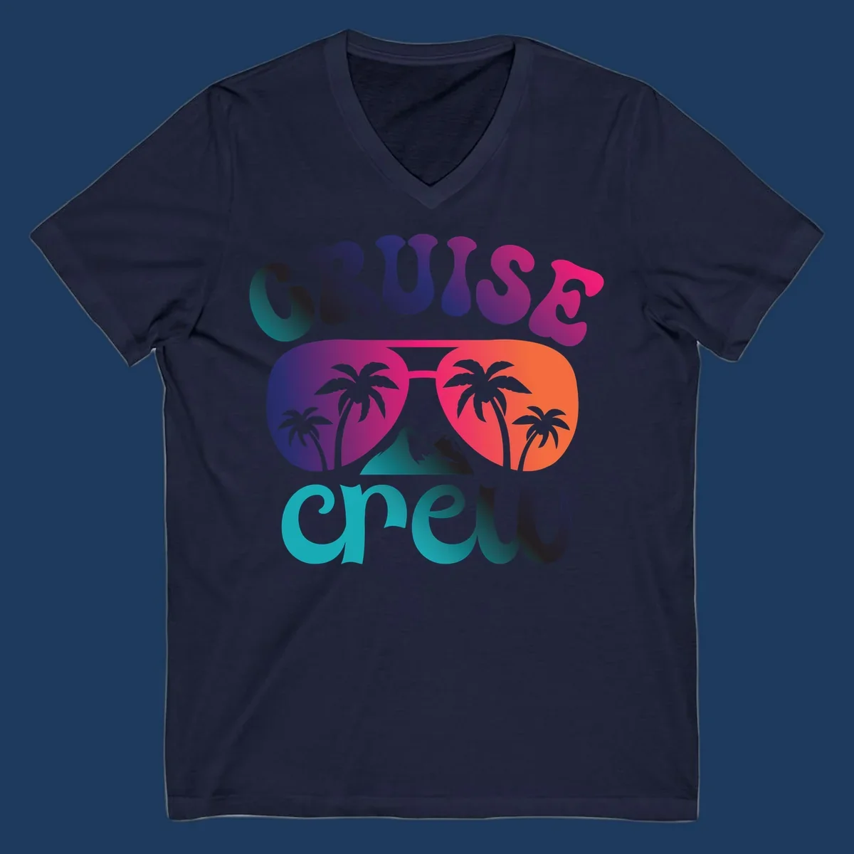 Cruise crew tropical design with colorful gradient lettering, palm trees, and mountain peak artwork