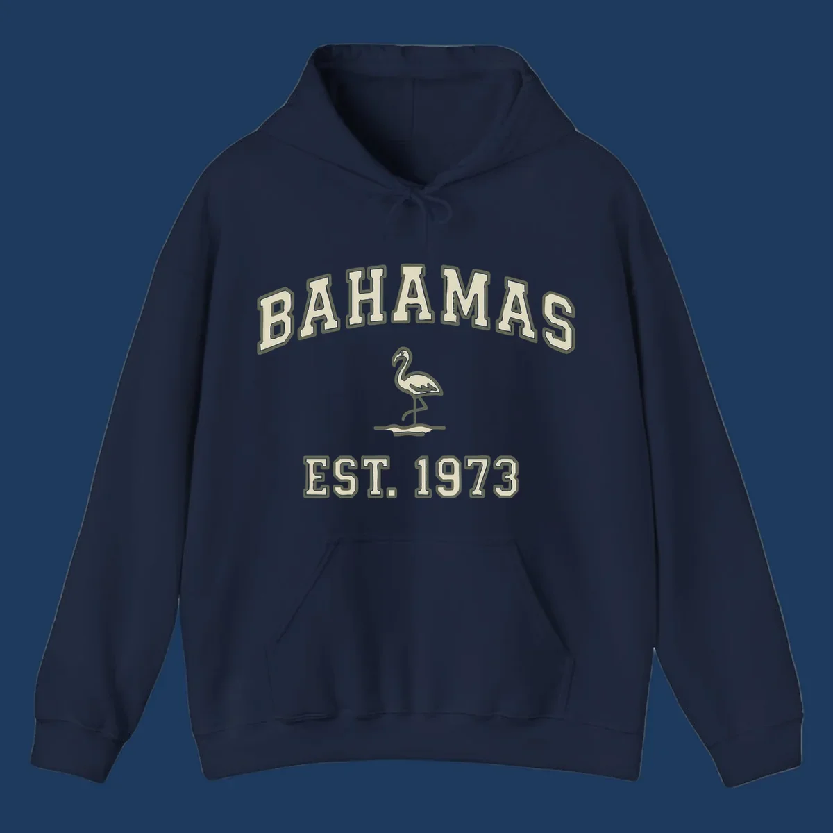 Vintage bahamas flamingo design with cream lettering and olive green outline, established 1973 theme