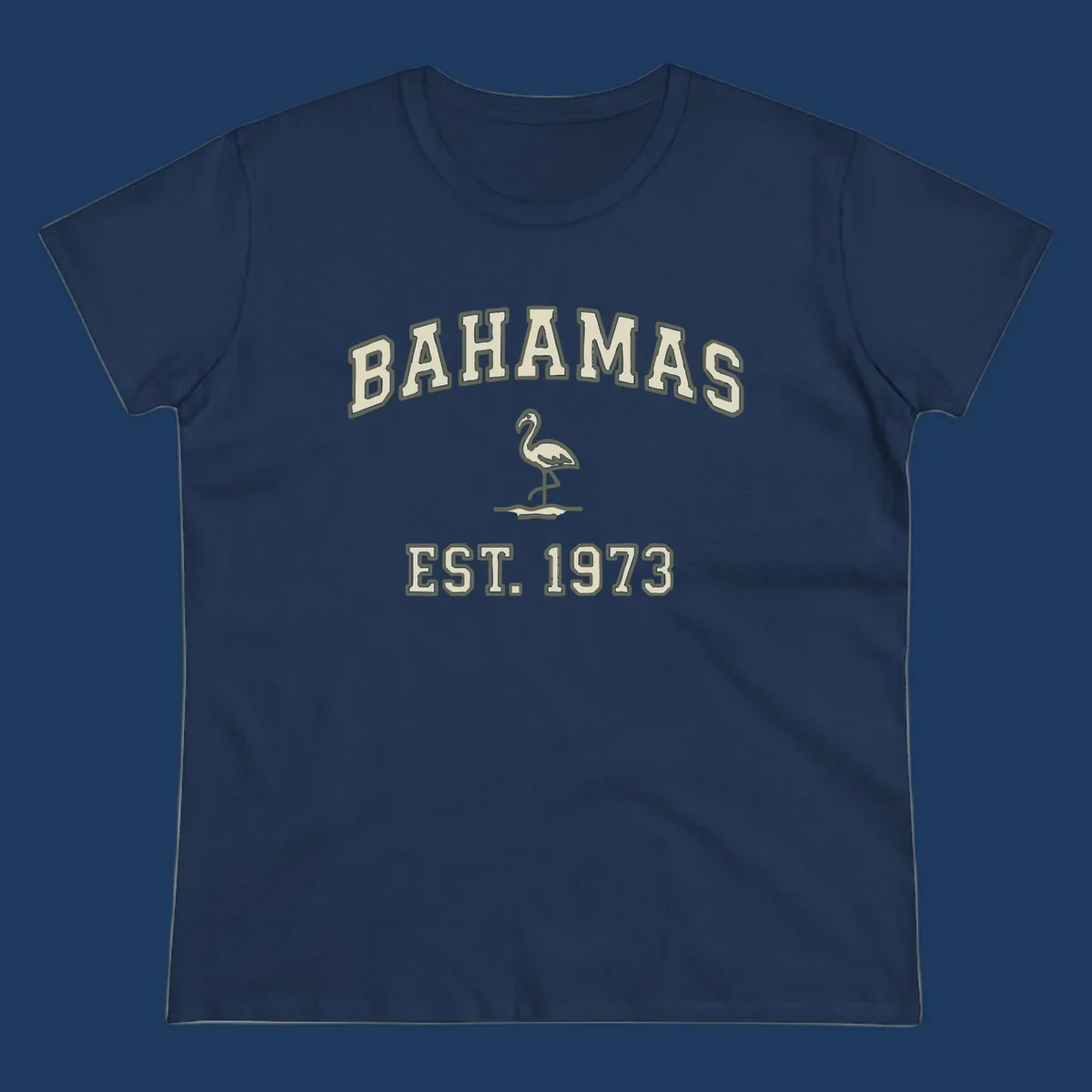 Vintage bahamas flamingo design with cream lettering and olive green outline, established 1973 theme