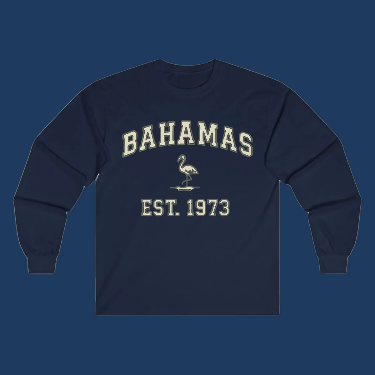 Vintage bahamas flamingo design with cream lettering and olive green outline, established 1973 theme
