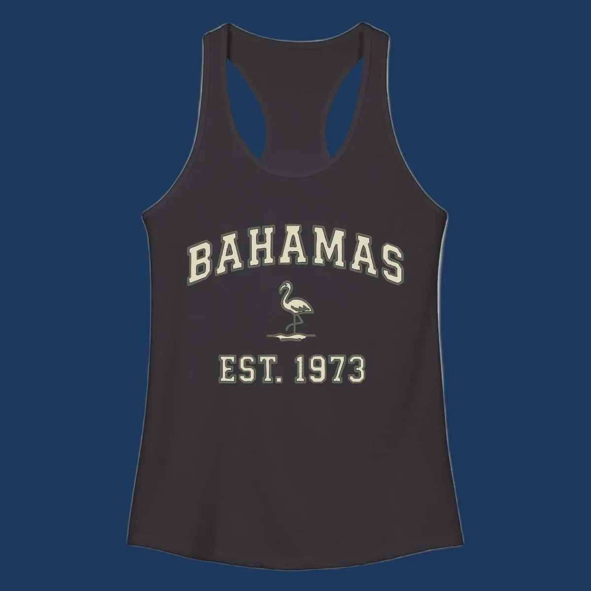 Vintage bahamas flamingo design with cream lettering and olive green outline, established 1973 theme