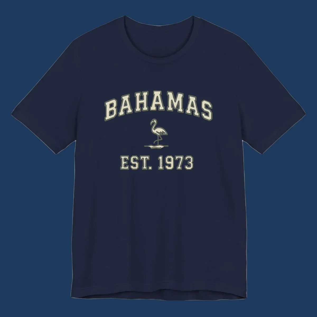 Vintage bahamas flamingo design with cream lettering and olive green outline, established 1973 theme