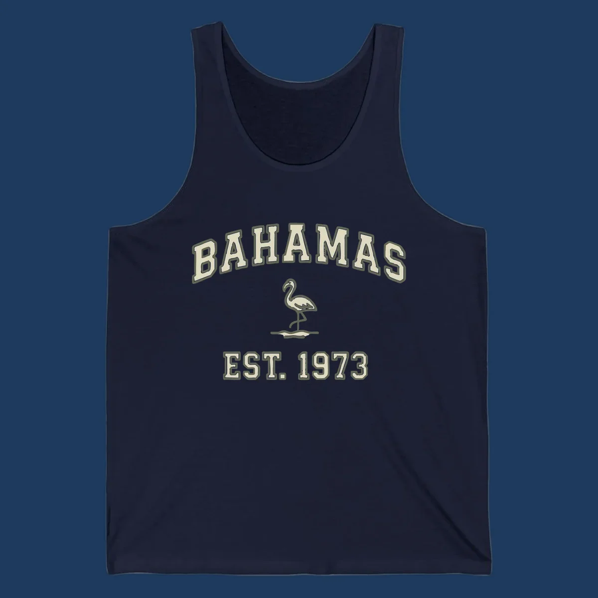 Vintage bahamas flamingo design with cream lettering and olive green outline, established 1973 theme