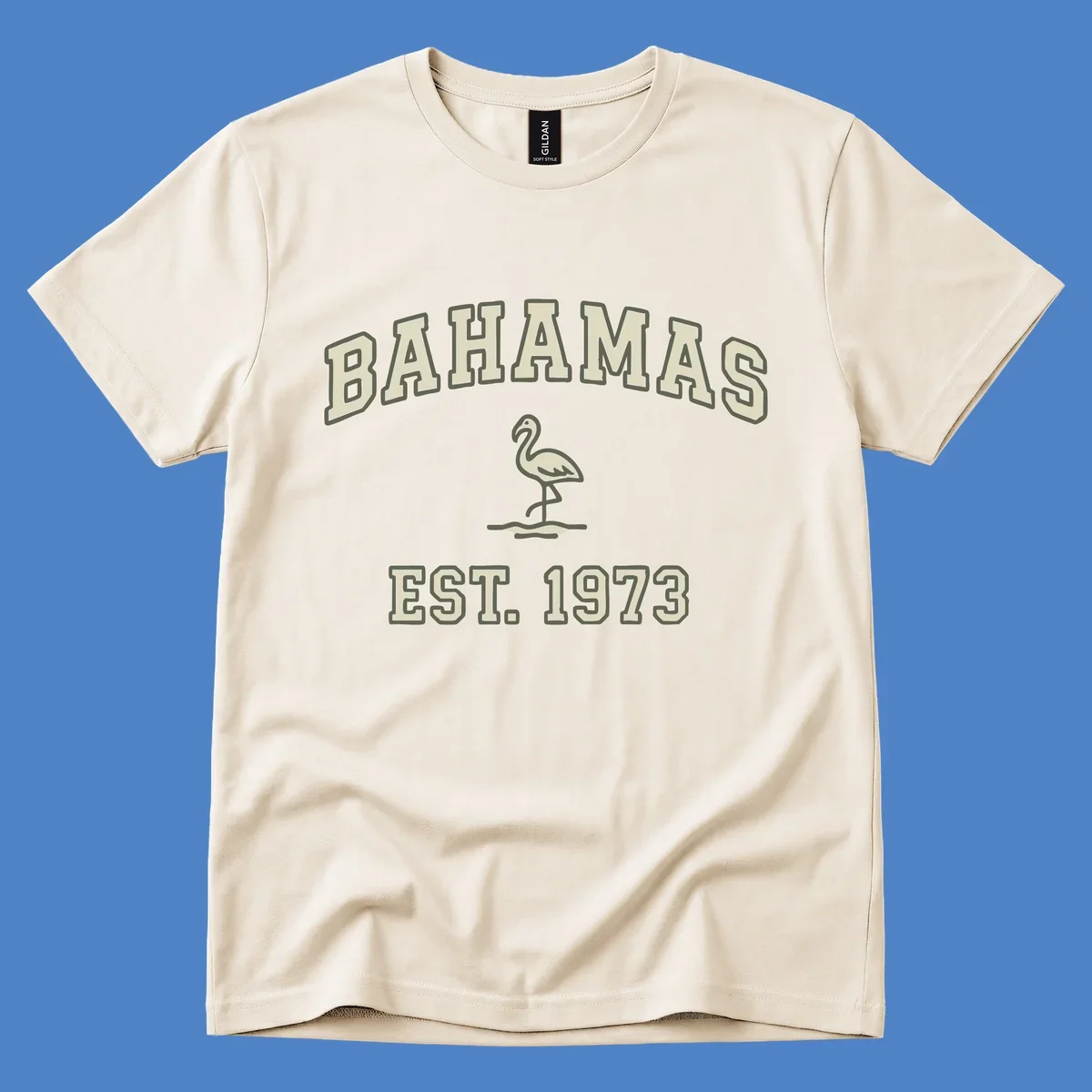 Vintage bahamas flamingo design with cream lettering and olive green outline, established 1973 theme