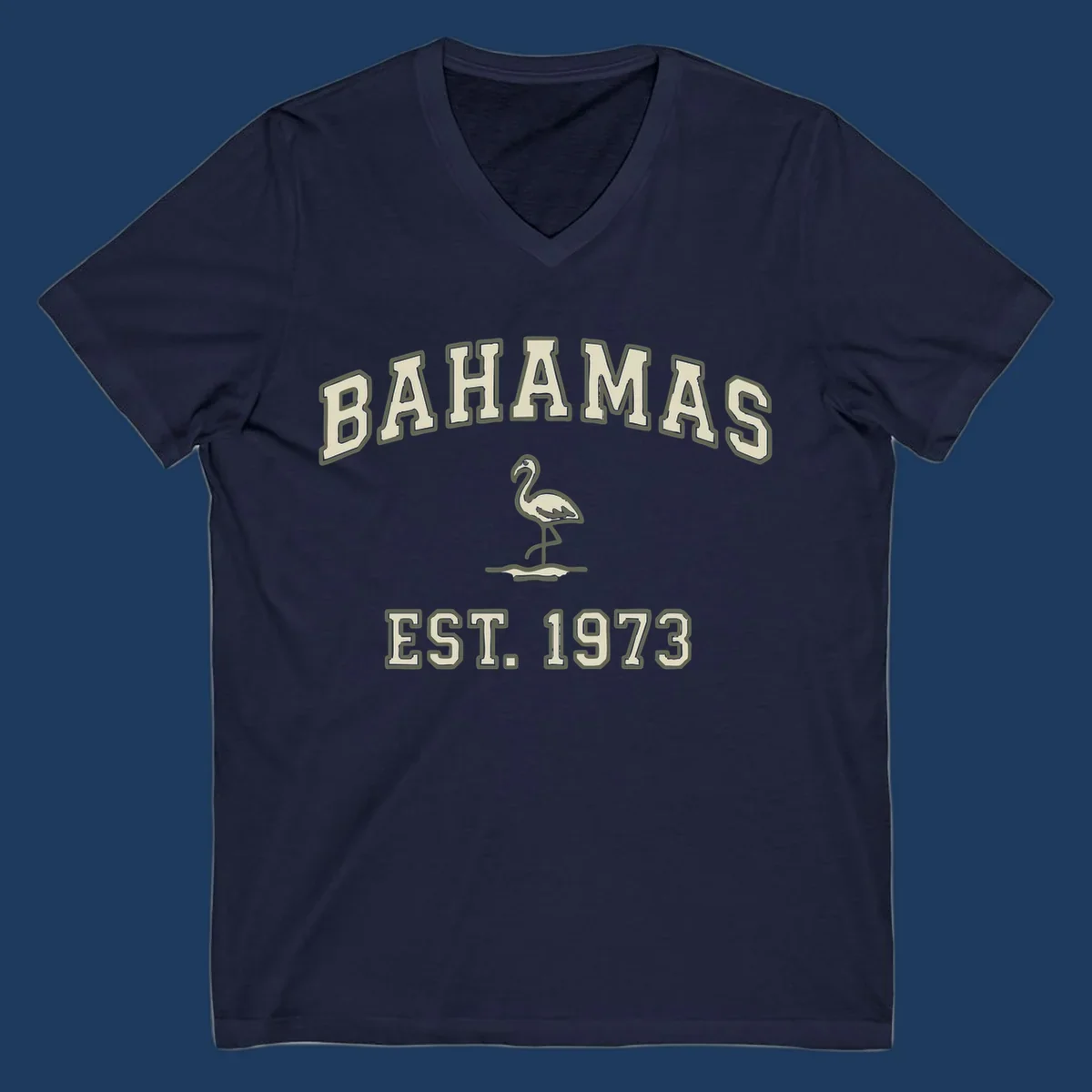 Vintage bahamas flamingo design with cream lettering and olive green outline, established 1973 theme