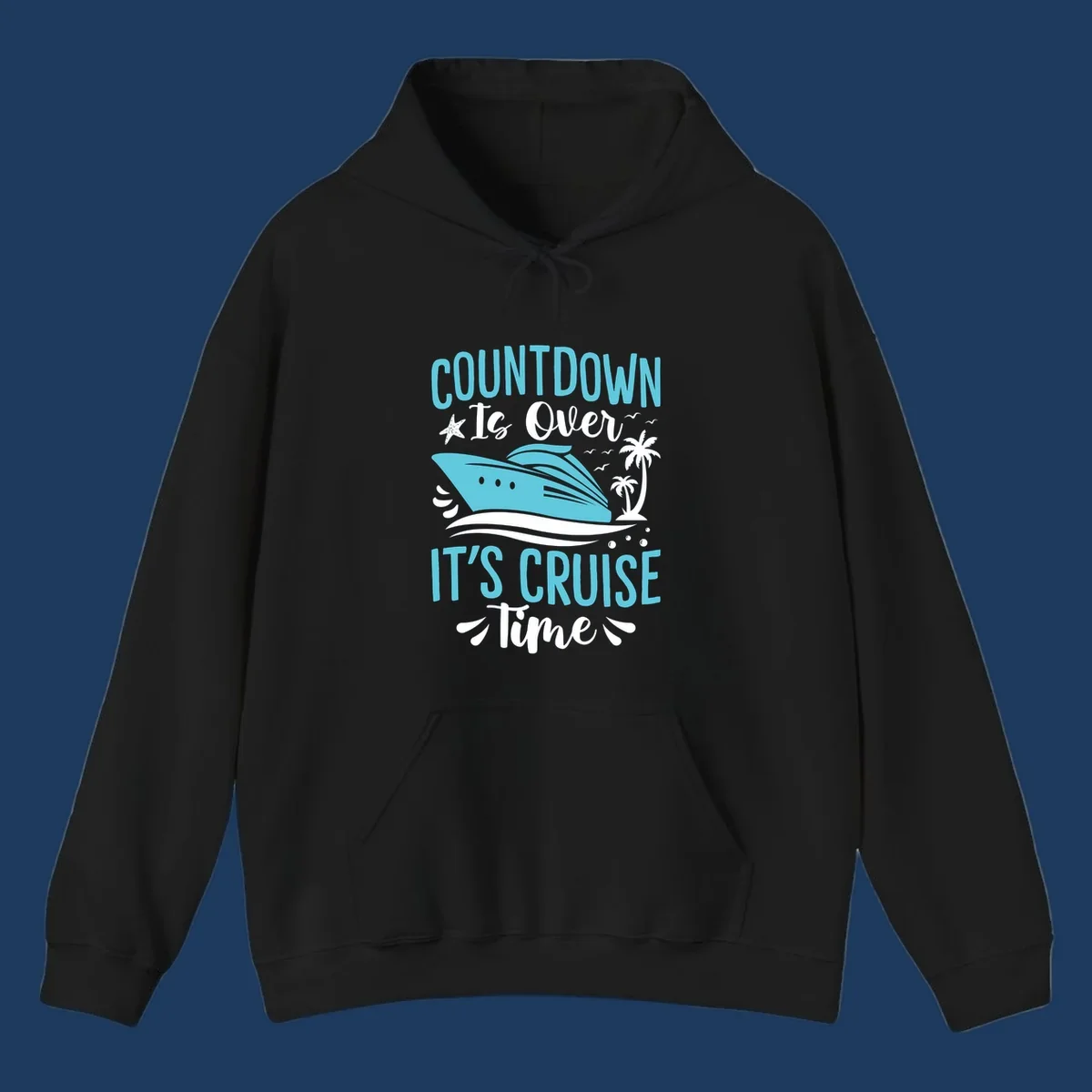 Countdown is over it's cruise time design with turquoise cruise ship, palm trees, seagulls, and tropical elements on gray background
