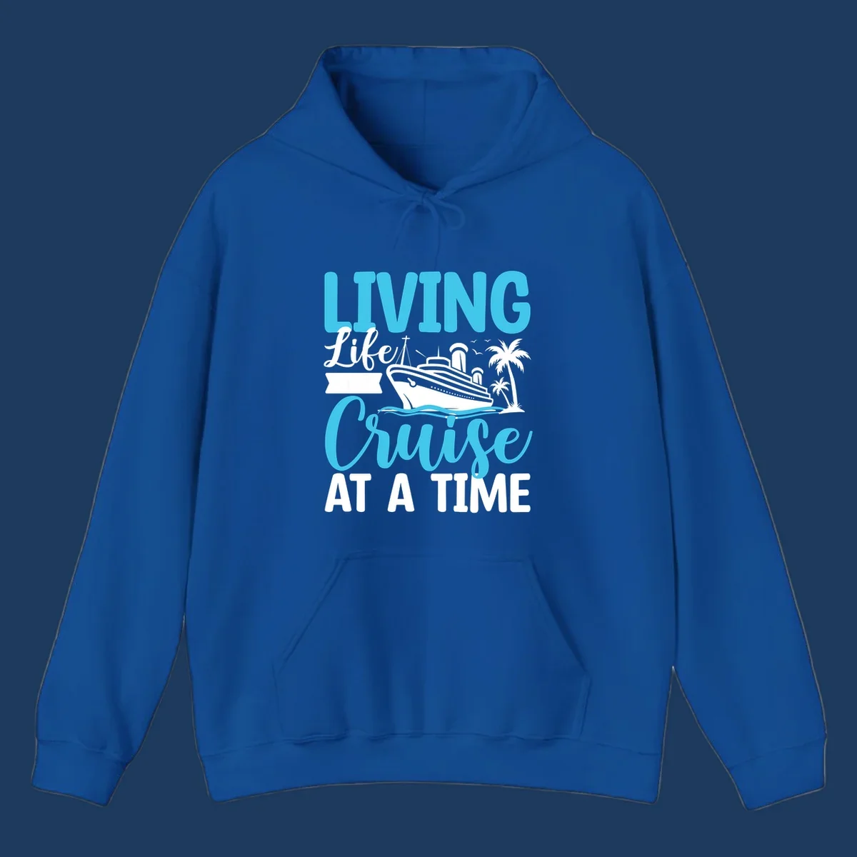 Cyan and white cruise ship design with 'Living Life Cruise At A Time' text, palm trees, and ocean waves on gray background