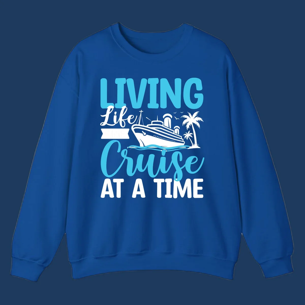 Cyan and white cruise ship design with 'Living Life Cruise At A Time' text, palm trees, and ocean waves on gray background