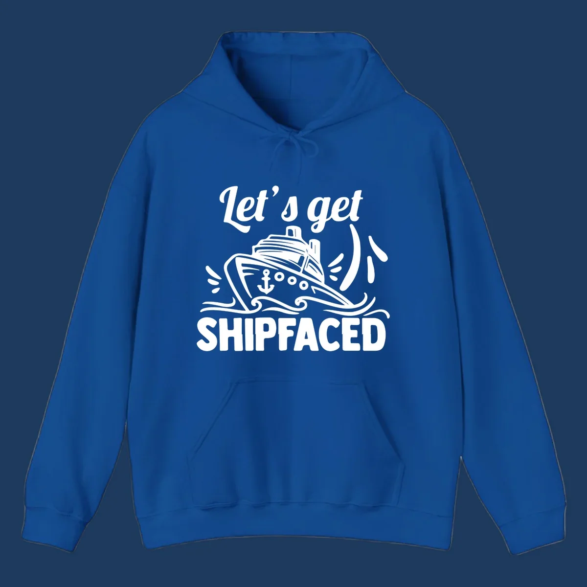 White illustration of cruise ship with anchor and waves, text reads 'Let's get Shipfaced' - nautical humor design for cruise vacations