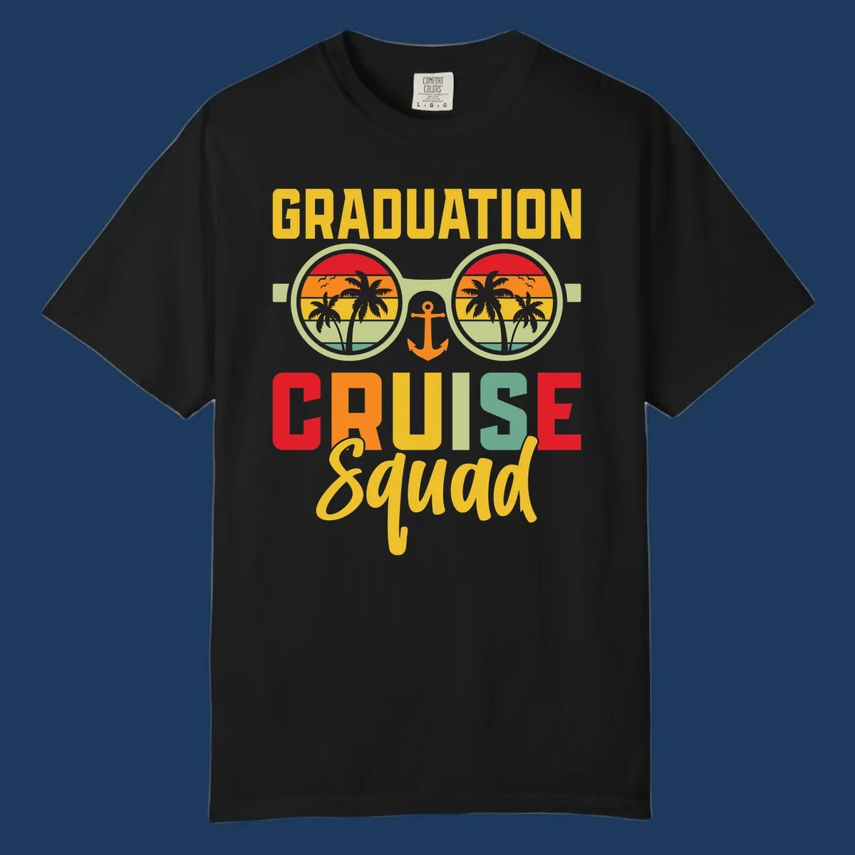 Graduation Cruise Squad design featuring binoculars with tropical sunset palm tree views and anchor symbol with bold colorful text