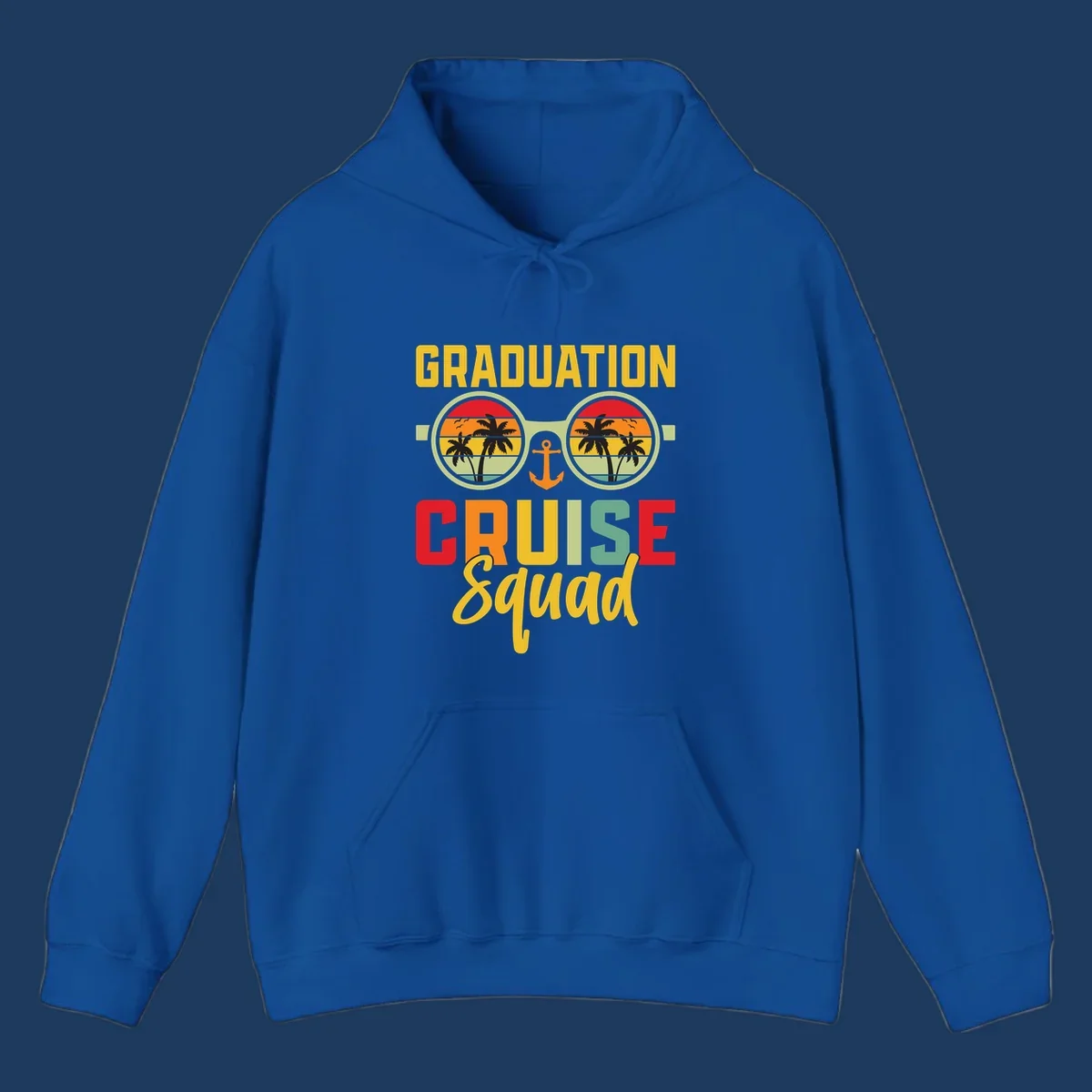Graduation Cruise Squad design featuring binoculars with tropical sunset palm tree views and anchor symbol with bold colorful text