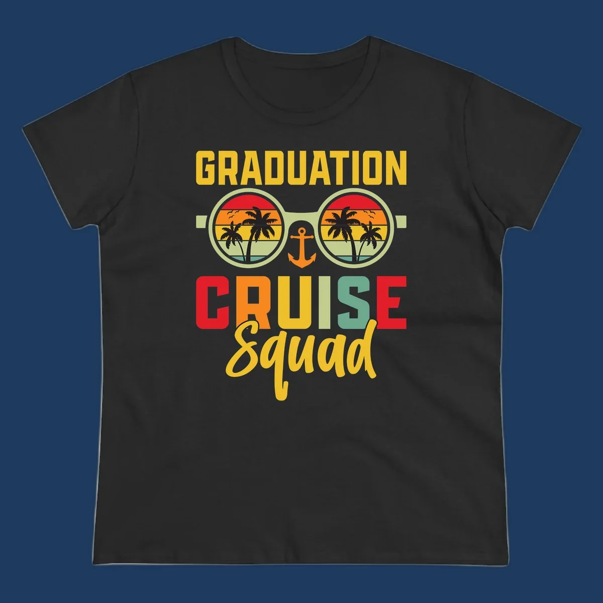 Graduation Cruise Squad design featuring binoculars with tropical sunset palm tree views and anchor symbol with bold colorful text