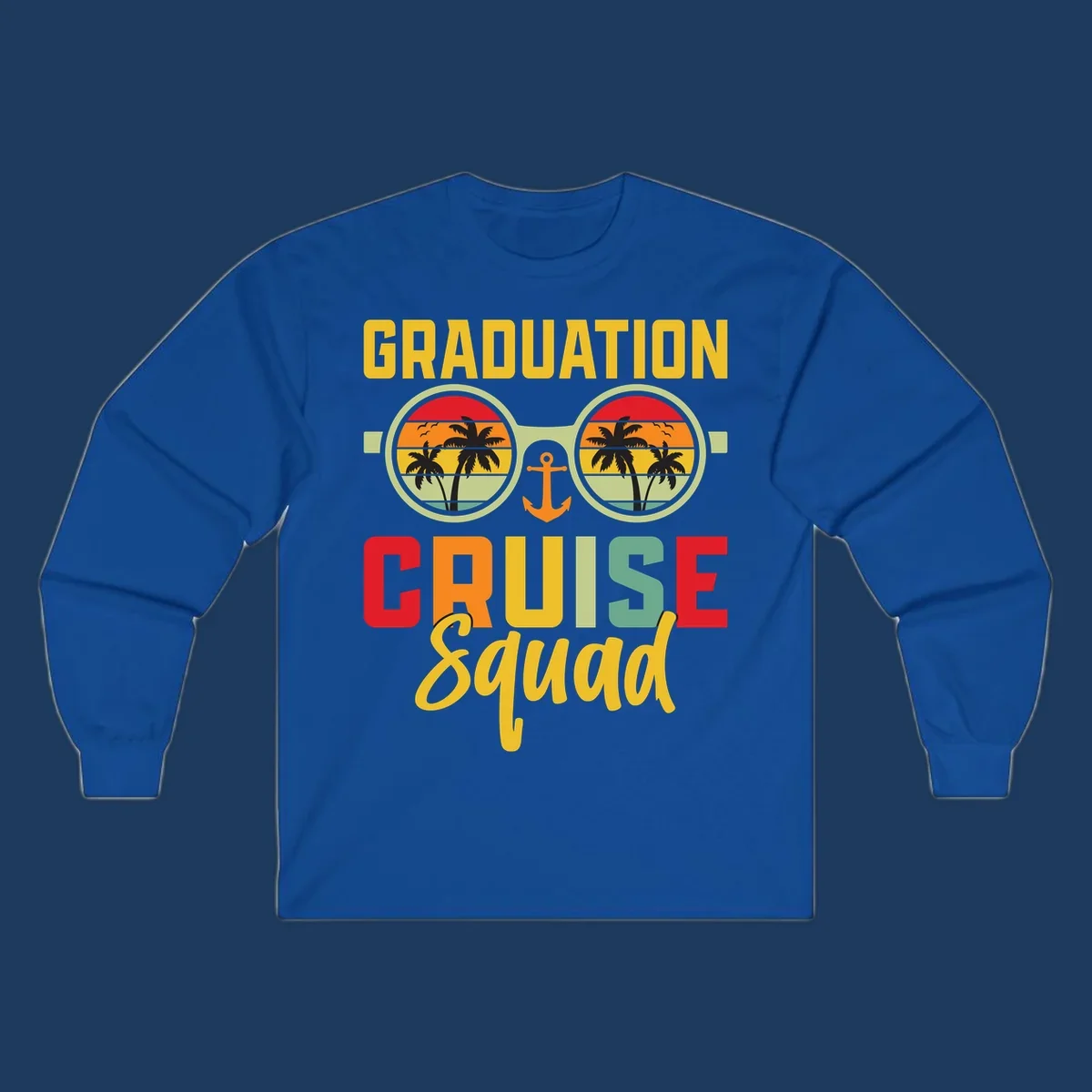 Graduation Cruise Squad design featuring binoculars with tropical sunset palm tree views and anchor symbol with bold colorful text