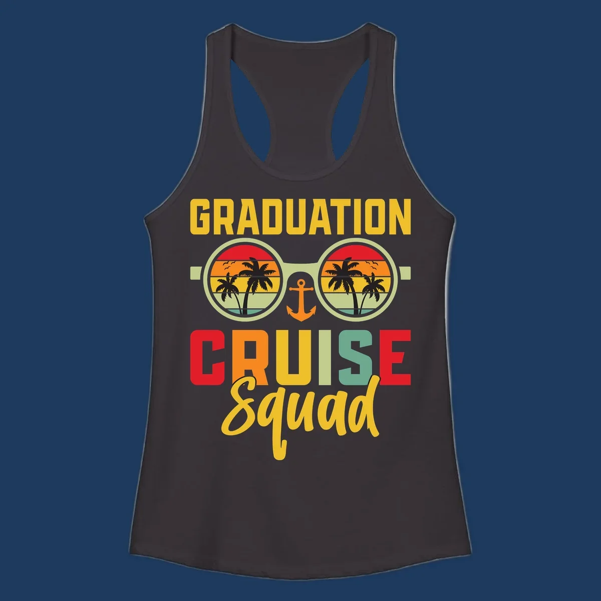 Graduation Cruise Squad design featuring binoculars with tropical sunset palm tree views and anchor symbol with bold colorful text