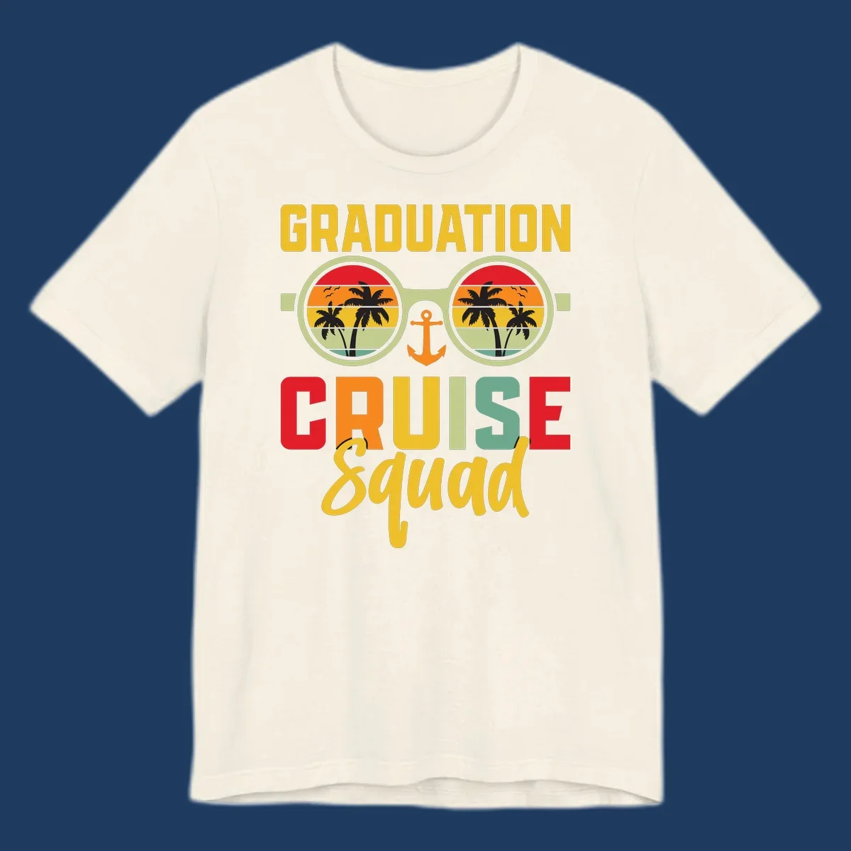 Graduation Cruise Squad design featuring binoculars with tropical sunset palm tree views and anchor symbol with bold colorful text