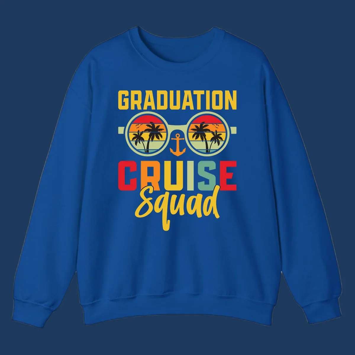 Graduation Cruise Squad design featuring binoculars with tropical sunset palm tree views and anchor symbol with bold colorful text