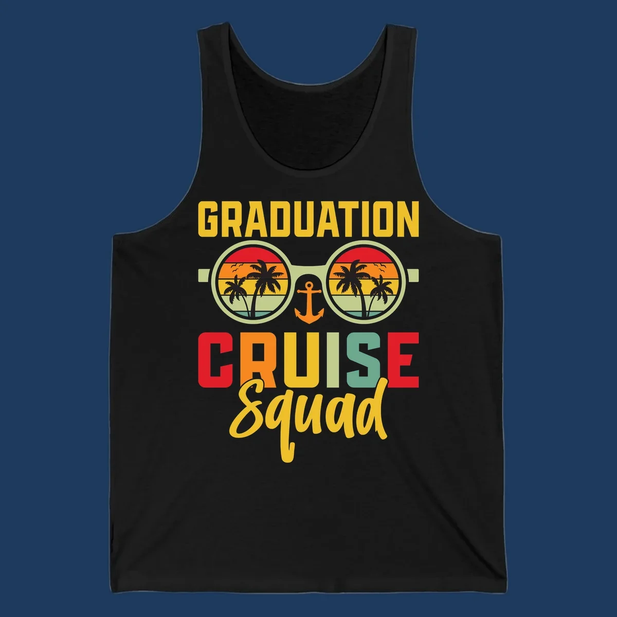 Graduation Cruise Squad design featuring binoculars with tropical sunset palm tree views and anchor symbol with bold colorful text