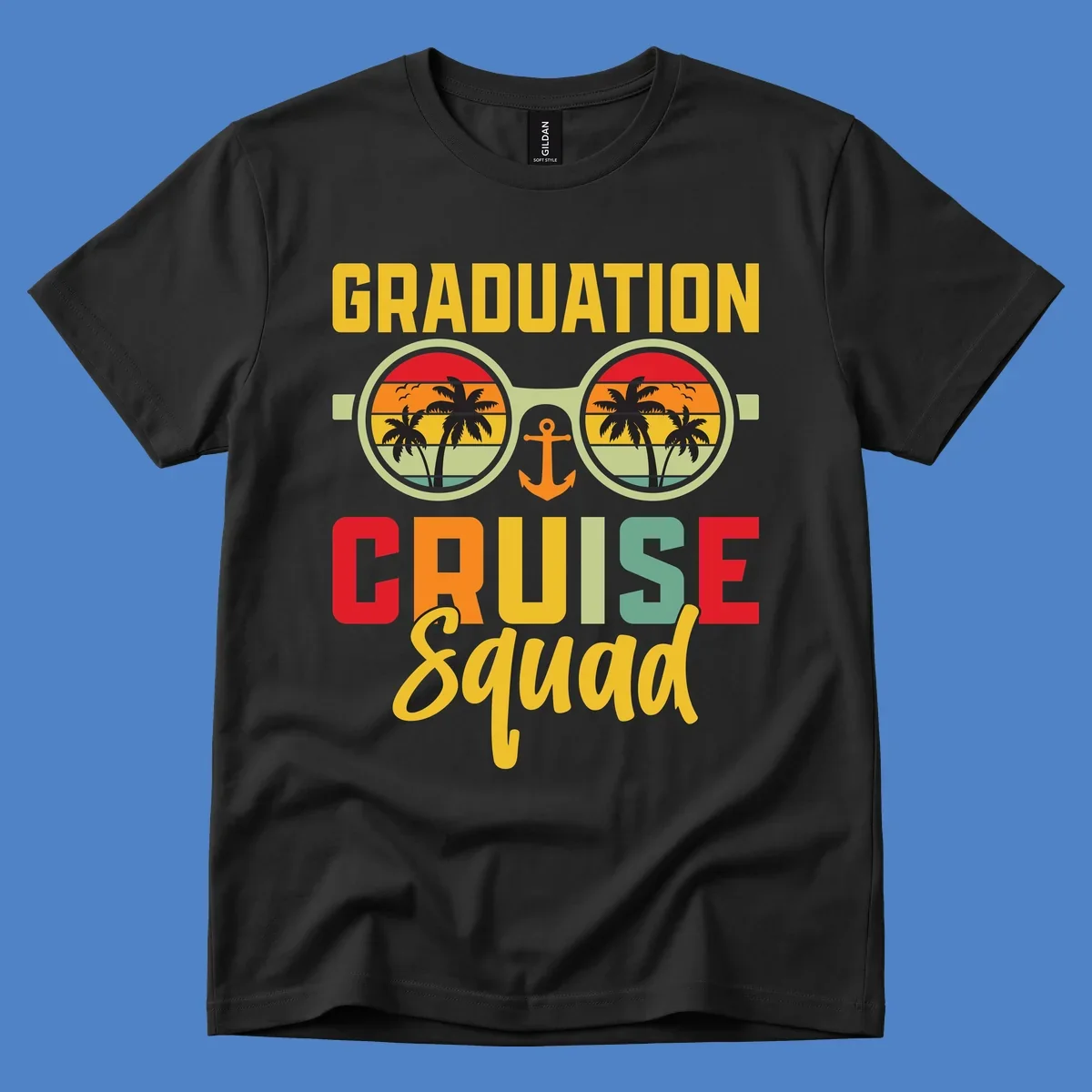 Graduation Cruise Squad design featuring binoculars with tropical sunset palm tree views and anchor symbol with bold colorful text