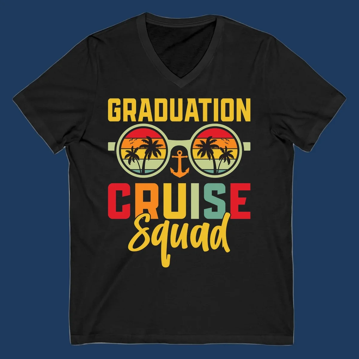 Graduation Cruise Squad design featuring binoculars with tropical sunset palm tree views and anchor symbol with bold colorful text