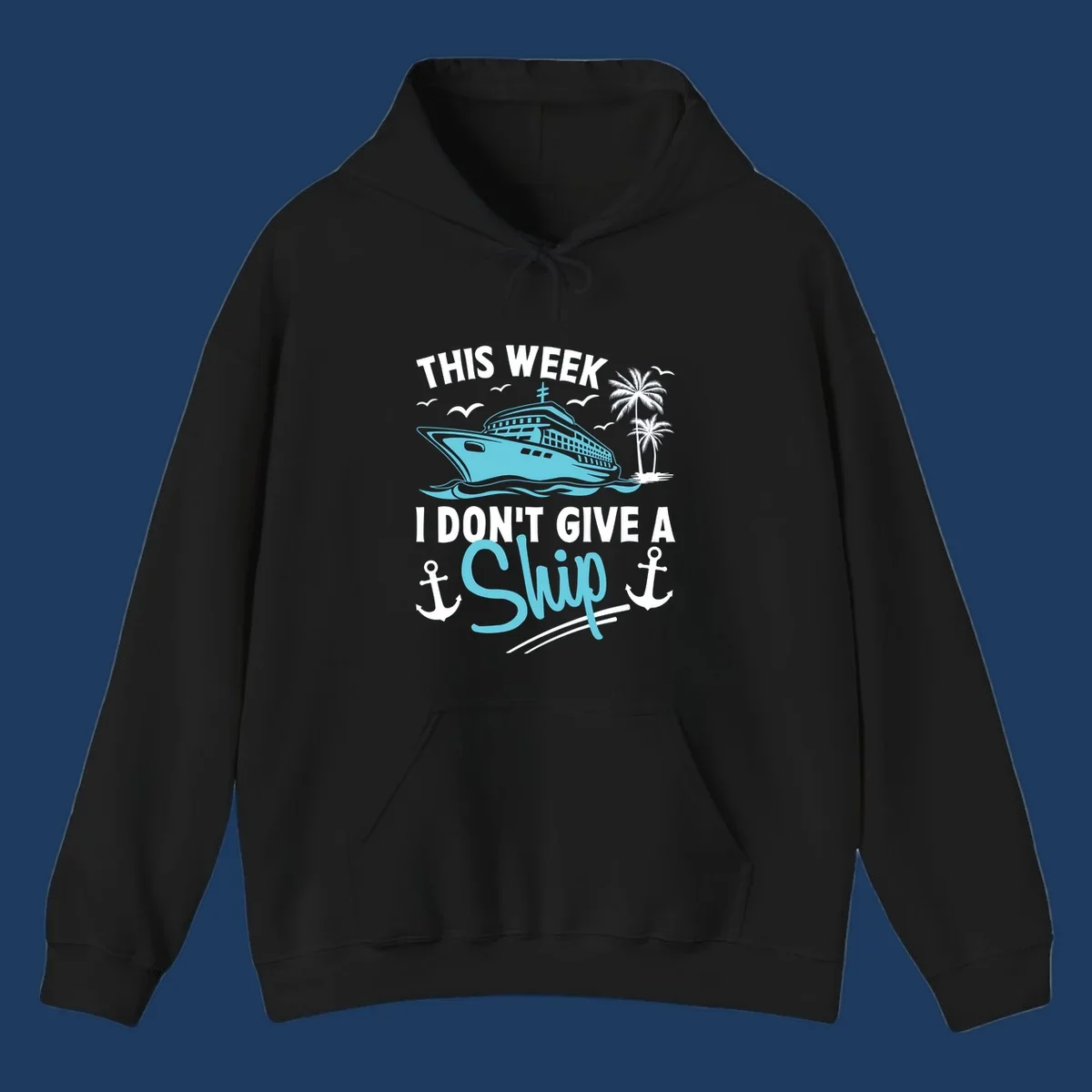 Cruise ship sailing past palm trees with anchors and seagulls, text reads 'This Week I Don't Give A Swip' on gray background