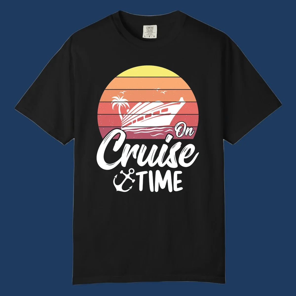 Retro sunset illustration with cruise ship, palm tree, and seagulls, featuring 'On Cruise Time' text with anchor symbol