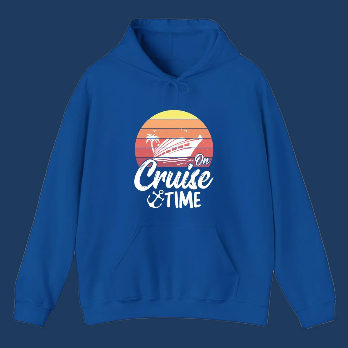Retro sunset illustration with cruise ship, palm tree, and seagulls, featuring 'On Cruise Time' text with anchor symbol