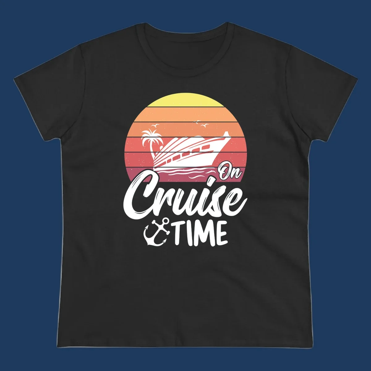 Retro sunset illustration with cruise ship, palm tree, and seagulls, featuring 'On Cruise Time' text with anchor symbol