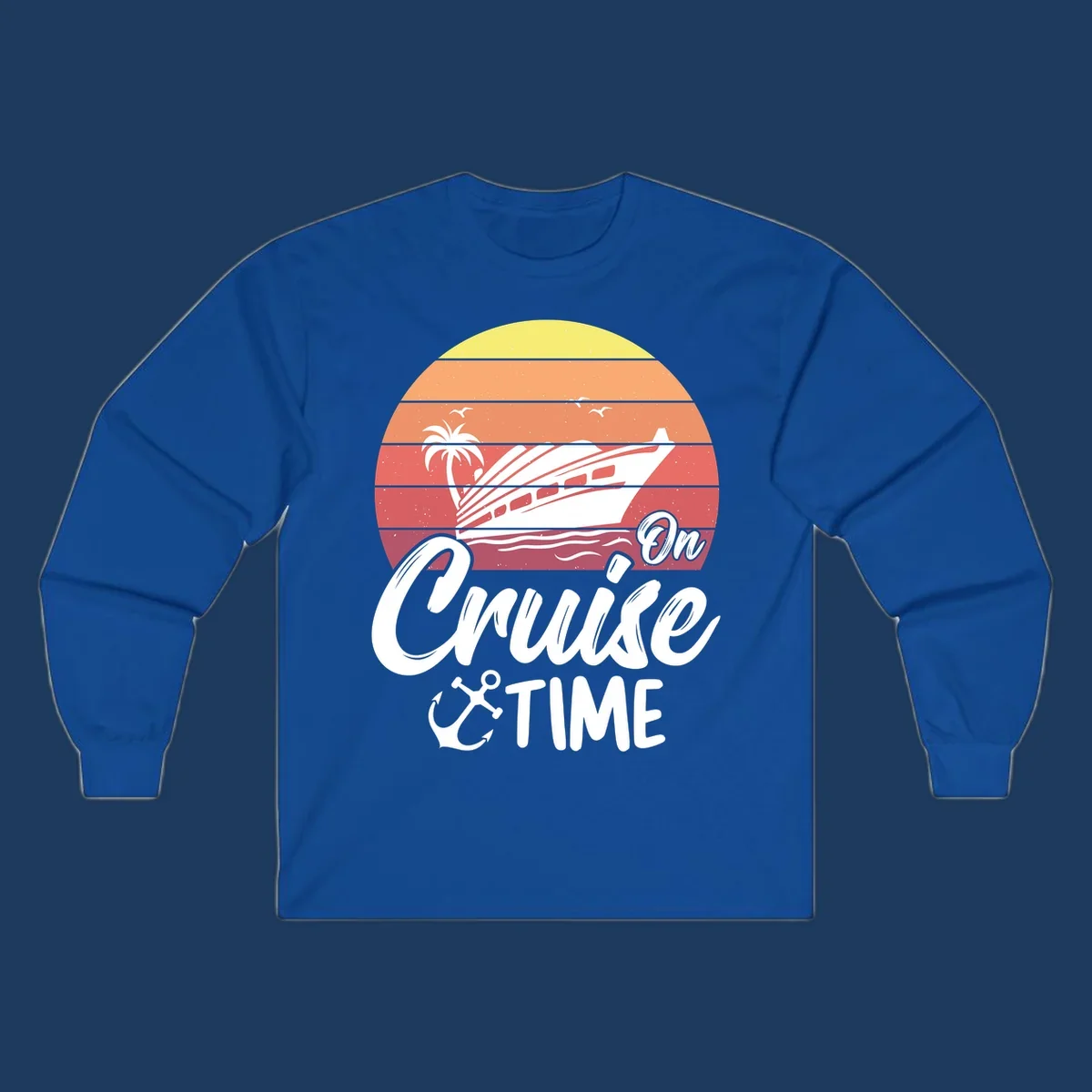 Retro sunset illustration with cruise ship, palm tree, and seagulls, featuring 'On Cruise Time' text with anchor symbol