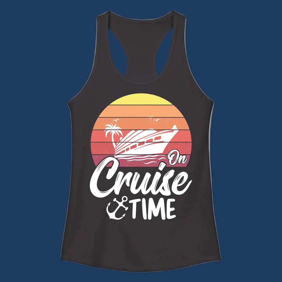Retro sunset illustration with cruise ship, palm tree, and seagulls, featuring 'On Cruise Time' text with anchor symbol