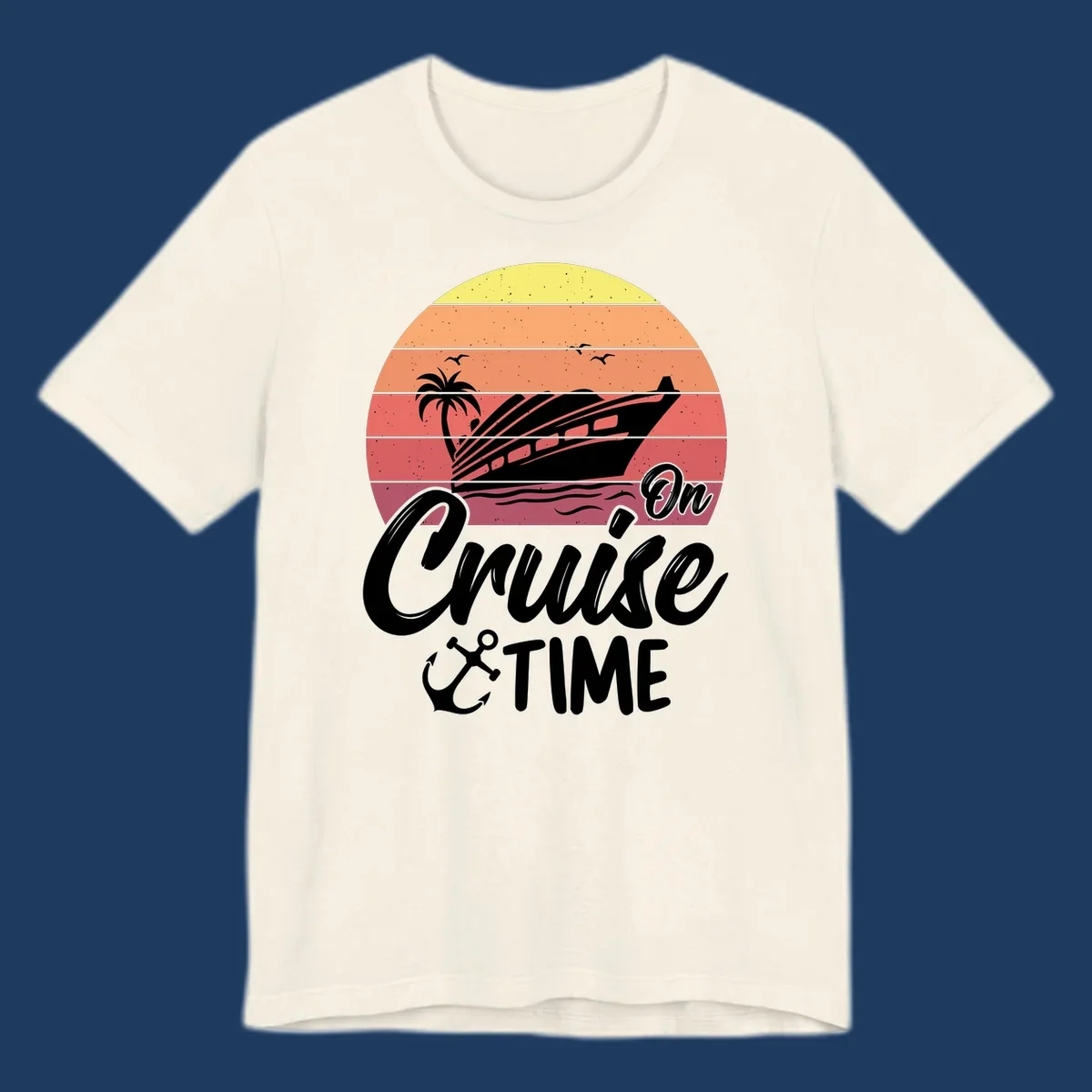 Retro sunset illustration with cruise ship, palm tree, and seagulls, featuring 'On Cruise Time' text with anchor symbol