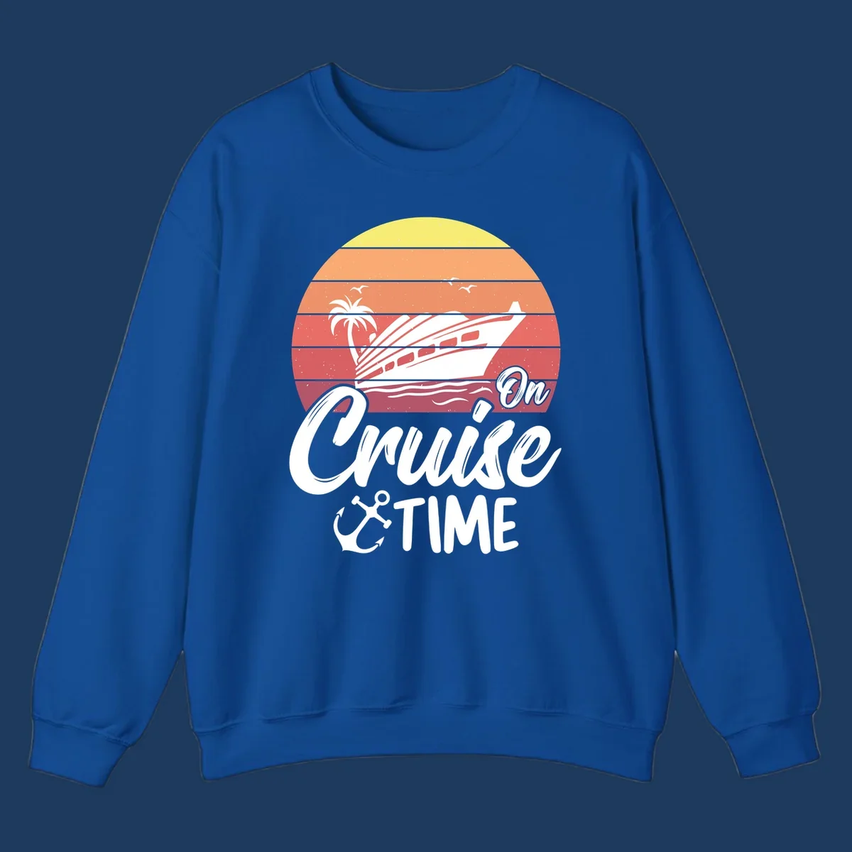 Retro sunset illustration with cruise ship, palm tree, and seagulls, featuring 'On Cruise Time' text with anchor symbol