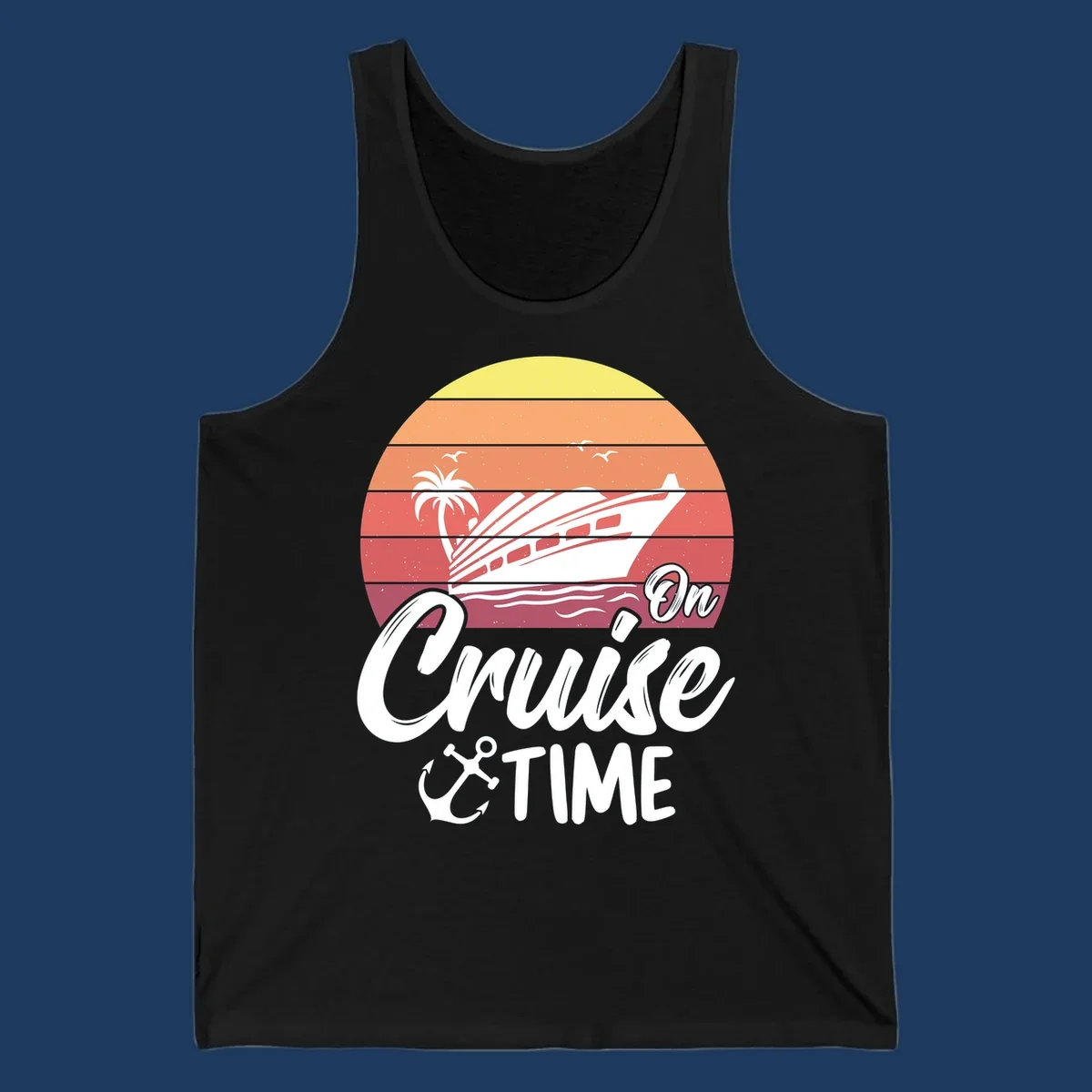 Retro sunset illustration with cruise ship, palm tree, and seagulls, featuring 'On Cruise Time' text with anchor symbol