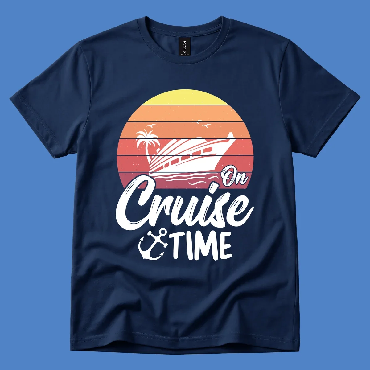 Retro sunset illustration with cruise ship, palm tree, and seagulls, featuring 'On Cruise Time' text with anchor symbol